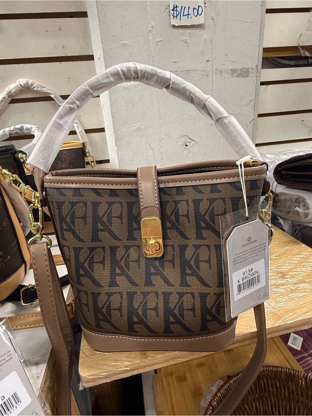 K-Pattern Brown Tote Bag with Top Handle and Strap